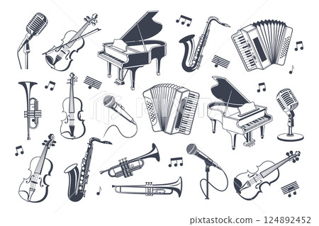 Musical instruments icons set. Piano, violin, saxophone, trumpet, accordion and microphones. Illustration, silhouettes. Musical instruments icons set. Piano, violin, saxophone, trumpet, accordion and microphones. Illustration, silhouettes. 124892452