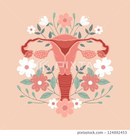 Artistic illustration of the female reproductive system with floral elements Artistic illustration of the female reproductive system with floral elements 124892453