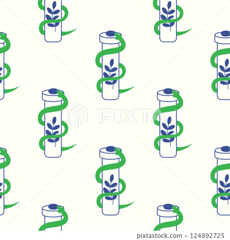 Silhouettes Magic symbols seamless pattern, with magical elements such as snake, eye, tarot cards, hand, skull. Witchcraft theme symbols and elements Silhouettes Magic symbols seamless pattern, with magical elements such as snake, eye, tarot cards, hand, skull. Witchcraft theme symbols and elements 124892725