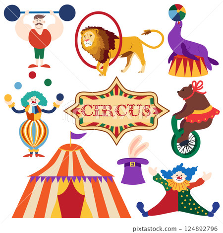 Circus chapito set. Vector characters of strongman, clown, juggler and magician. Cute elephant, lion, horse, zebra, seal and bear on circus stage Circus chapito set. Vector characters of strongman, clown, juggler and magician. Cute elephant, lion, horse, zebra, seal and bear on circus stage 124892796