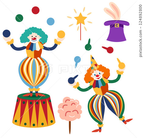 Circus chapito set. Vector characters of strongman, clown, juggler and magician. Cute elephant, lion, horse, zebra, seal and bear on circus stage Circus chapito set. Vector characters of strongman, clown, juggler and magician. Cute elephant, lion, horse, zebra, seal and bear on circus stage 124892800