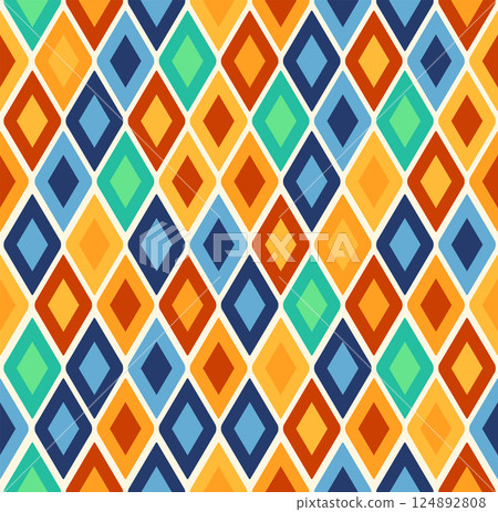 Circus harlequin patterns, rhombus lozenge pattern with diamond-shaped motifs in contrasting colors. Vector visually striking and repetitive tile design associated with traditional theatrical costumes 124892808