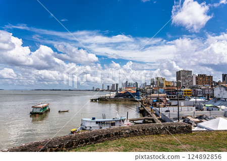 Cityscape of Belem, seen from the historic fort called Forte do Presepio at Belem, Para, Brazil. 124892856