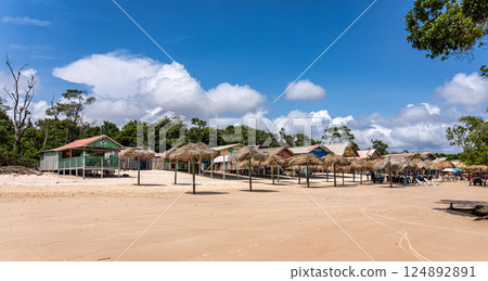 Barra velha beach at Soure, Marajo in Para, Brazil. Beautiful beach and mangrove trees with their great crooked roots 124892891