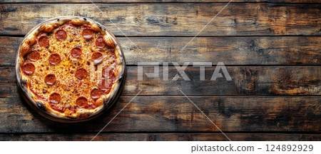 Delicious pepperoni pizza on wooden table ready to be enjoyed with friends and family 124892929
