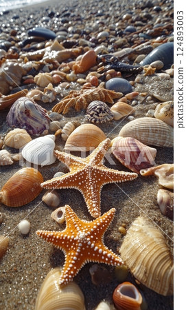 Sandy beach with starfish and seashells under a bright blue sky 124893003