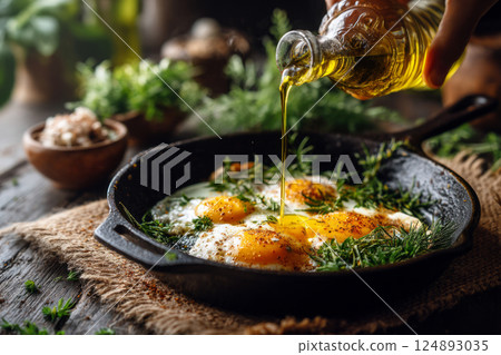 Fried eggs with herbs in cast iron skillet with olive oil Fried eggs with herbs in cast iron skillet with olive oil 124893035