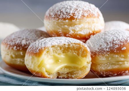 Custard filled donuts with powdered sugar Custard filled donuts with powdered sugar 124893036