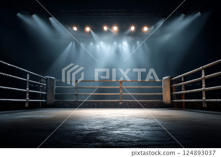 Professional boxing ring with ropes and stage lighting Professional boxing ring with ropes and stage lighting 124893037