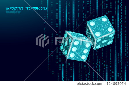Abstract dice technology background. Geometric dice polygons digital numbers raining. Suitable gambling blockchain crypto investments. Dark backdrop low angle, modern digital style. Abstract dice technology background. Geometric dice polygons digital numbers raining. Suitable gambling blockchain crypto investments. Dark backdrop low angle, modern digital style. 124893054