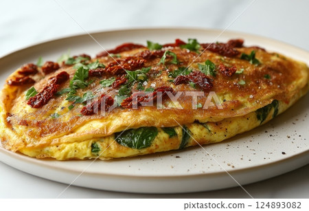 Delicious spinach and sun-dried tomato omelet served on a plate for breakfast preparation 124893082