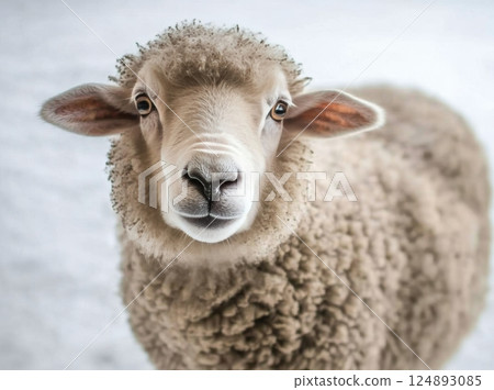 Portrait of a fluffy sheep with a gentle expression in a soft, snowy background 124893085