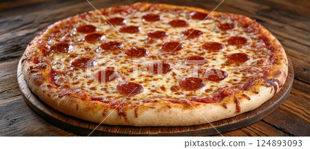 Delicious pepperoni pizza on wooden table ready to be enjoyed with friends and family 124893093
