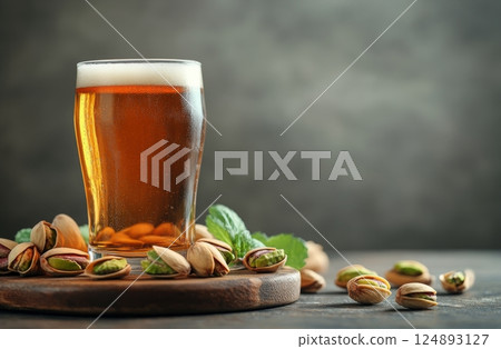 Refreshing drink and pistachios served on wooden board in relaxed setting 124893127