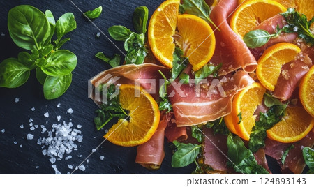 Delicious savory dish with cured meats and citrus arranged on a slate plate 124893143