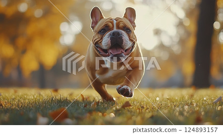 Joyful french bulldog running in a sunlit grassy field during late afternoon hours Joyful french bulldog running in a sunlit grassy field during late afternoon hours 124893157