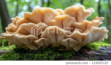 Morning sunlight illuminating mushrooms on a mossy log in a peaceful forest 124893187