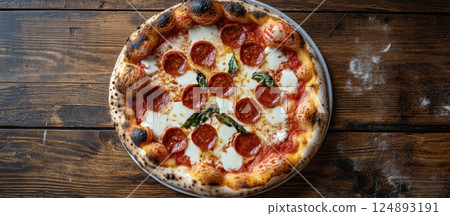 Delicious pepperoni pizza on wooden table ready to be enjoyed with friends and family 124893191