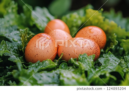 Fresh brown eggs resting on a bed of vibrant green lettuce in a natural setting 124893204