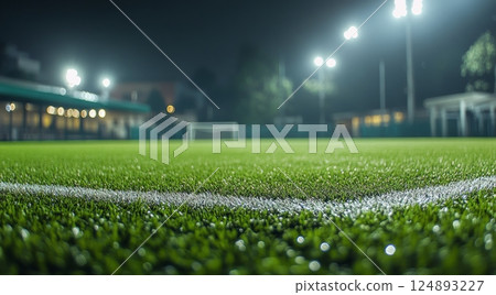 Modern stadium illuminated at night with bright green grass field and clear sky above Modern stadium illuminated at night with bright green grass field and clear sky above 124893227