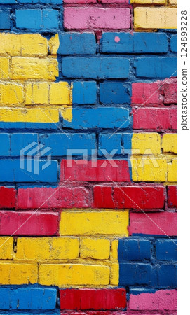 Colorful brick wall mural in urban setting showcases vibrant design elements 124893228
