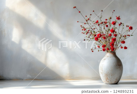 Vase of red flowers against a simple wall showcasing natural light and minimalism in interior decor 124893231