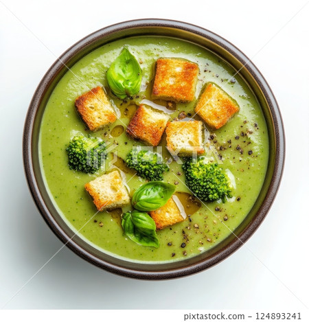 Delicious green soup topped with croutons and fresh basil in a decorative bowl 124893241