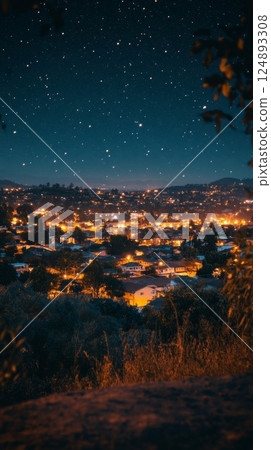 Bright city lights illuminate the valley below at night from a forest trail 124893308