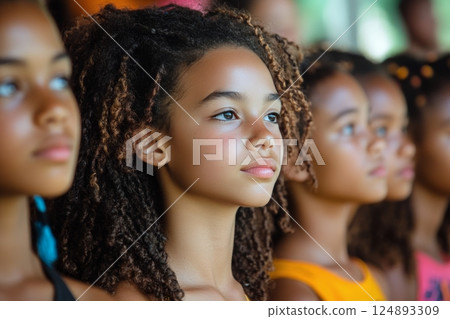Young girls focused during an outdoor activity in a colorful setting 124893309
