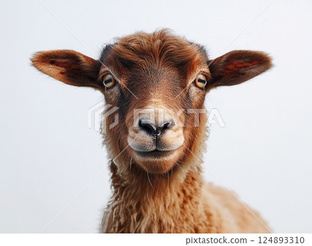 Portrait of a fluffy sheep with a gentle expression in a soft, snowy background 124893310