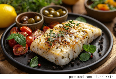Delicious grilled white fish served with fresh vegetables and herbs on a black plate 124893312