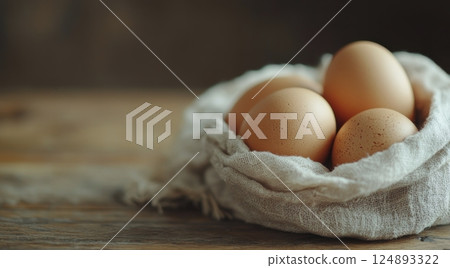 Decorative bowl of eggs surrounded by flowers on a rustic wooden table 124893322