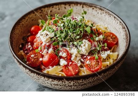 Fresh pasta salad with cherry tomatoes and feta cheese in a rustic bowl Fresh pasta salad with cherry tomatoes and feta cheese in a rustic bowl 124893398