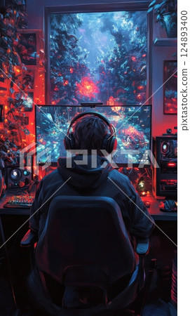 Gaming setup at night with vibrant lighting and immersive visuals 124893400