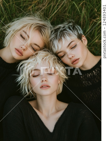 Group of young women with short hairstyles relaxing in a grassy field 124893401