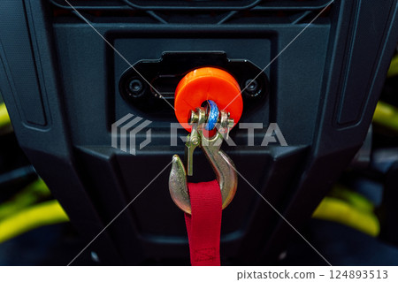 towing hook on an ATV. emergency steel hook on a mountain vehicle towing hook on an ATV. emergency steel hook on a mountain vehicle 124893513