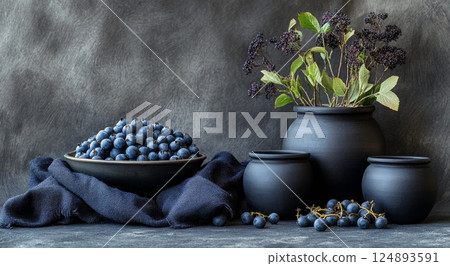 Bountiful blueberries in a black bowl with dried flowers on a dark surface 124893591