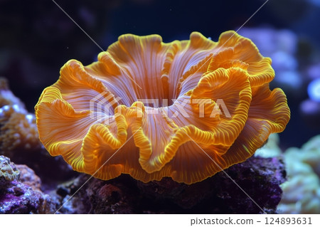 Vibrant orange coral displaying intricate patterns in a marine aquarium setting 124893631