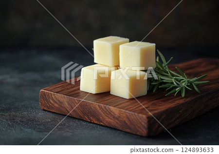 Fresh cheese cubes on wooden board with herbs add flavor to culinary creations 124893633