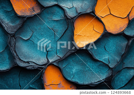 Textured rocks displaying vibrant blue and orange hues in a close-up view 124893668