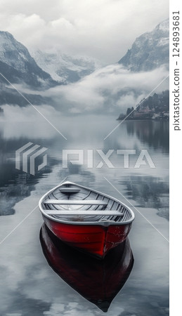 Serene red boat floating on calm lake surrounded by mountains and cloudy sky 124893681