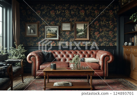 Cozy leather sofa in vintage styled room with dark floral wallpaper 124893701