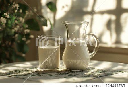 Fresh milk and a flower vase on a pastel green background with soft shadows in the afternoon light 124893785