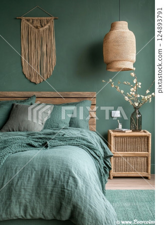 Stylish green bedroom with natural textures and warm lighting in a modern home setting 124893791