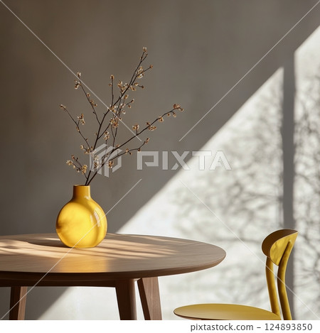 Bright yellow vase with flowers on wooden table in modern setting with sunlight 124893850