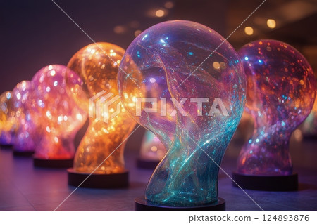 Colorful glass orbs illuminated by vibrant lights in a modern art installation 124893876