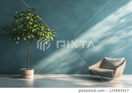 Cozy corner with modern chair and vibrant green plant against teal wall 124893917