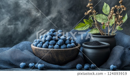 Bountiful blueberries in a black bowl with dried flowers on a dark surface 124893919