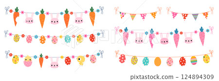 Easter buntings vector set with cute bunnies, eggs, chickens, flowers, spring flags for kids and baby graphic designs 124894309