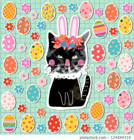 Funny Easter greeting card with black kitty halftone collage with bunny ears and colorful Easter eggs and flowers on green background 124894310
